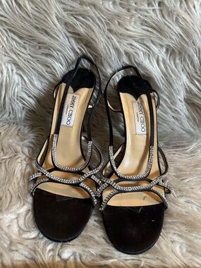 Jimmy Choo Black Crystal-Strap Open-Toe Slingback Heels